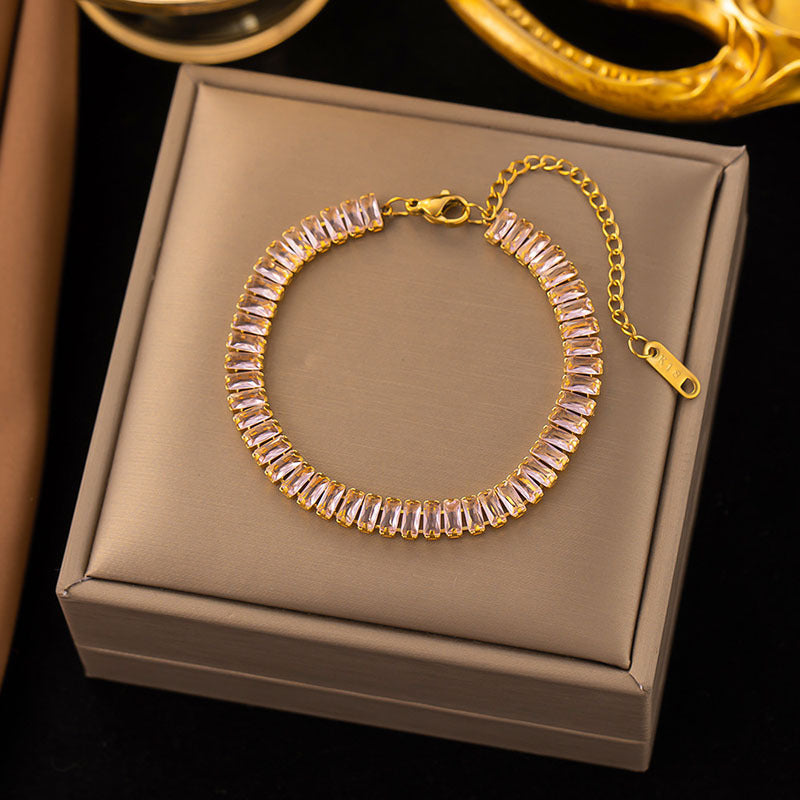 Wholesale Square Zircon Stainless Steel Single Row Tennis Gold Plated Bracelet